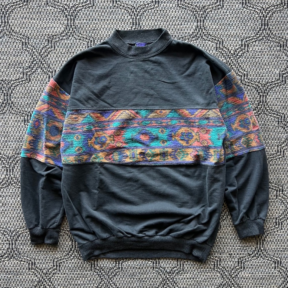 Vintage Aztec Sweatshirt Mens Large Black‎ Southwestern Geometric Aztec 80s 90s